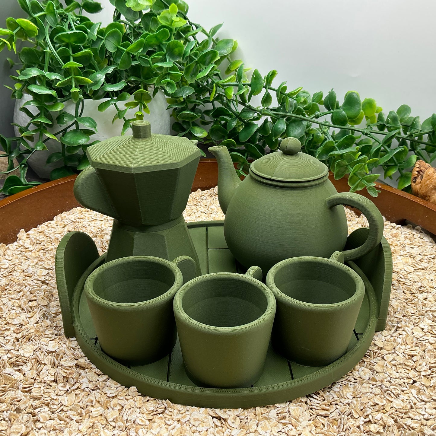 Tea & Coffee Maker Set 6 Piece Set - 3D Printed Teapot , Coffee Pot , Cups & Tray Kitchen Role Play Toy, Eco-Friendly