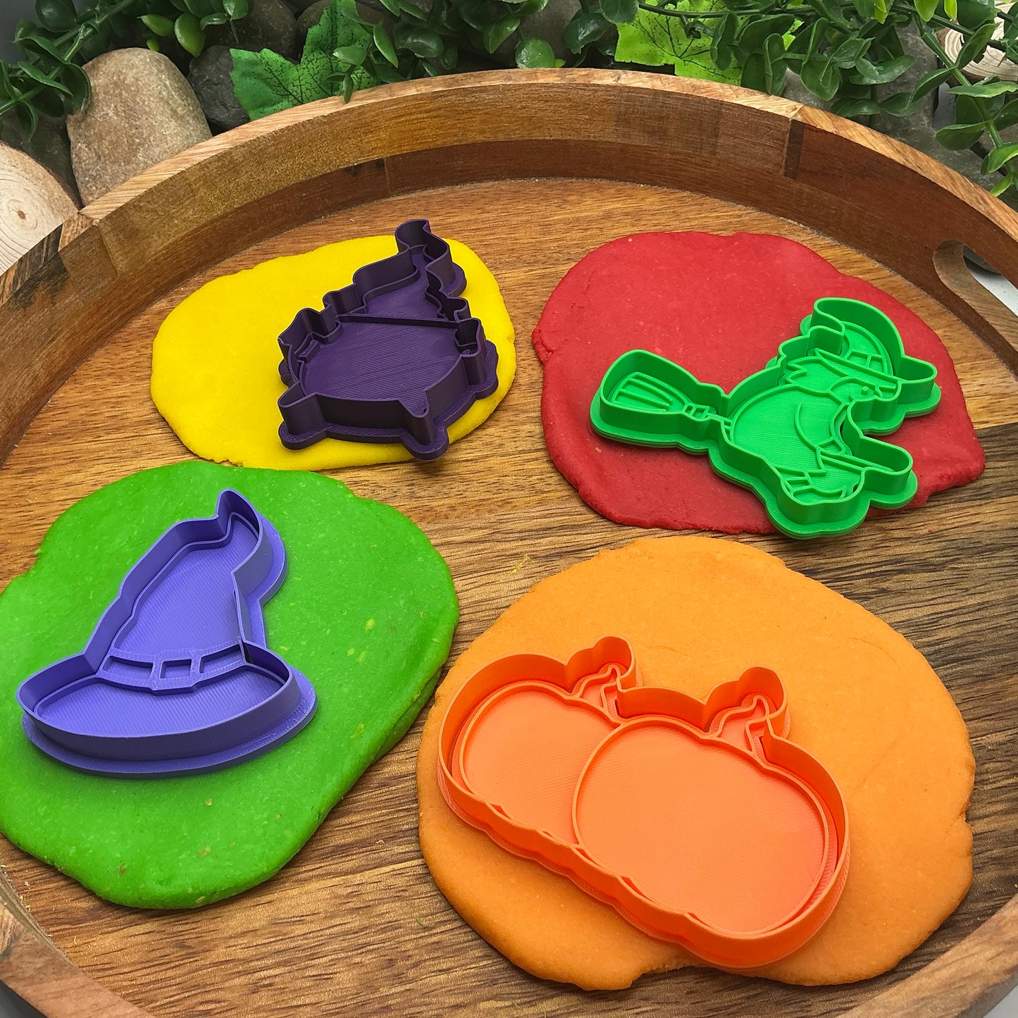 3D-printed witch Halloween play dough cookie cutter set - 4 piece (witch on broom, cauldron, hat and pumpkin) colour set B - view 1 of 13