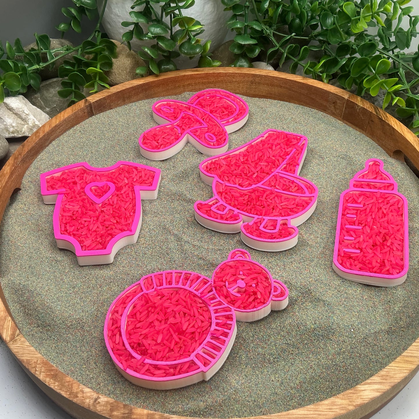 Baby Girl Play Fill Shapes Sensory Filling Trays - 5 Piece Set (Dummy, Bottle, Teddy Bear, Teething Ring & Bath)