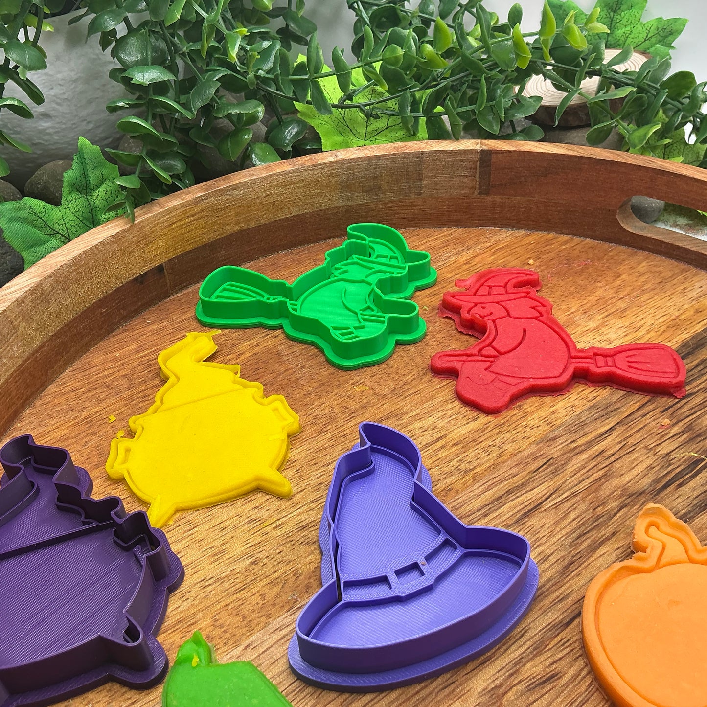 3D-printed witch Halloween play dough cookie cutter set - 4 piece (witch on broom, cauldron, hat and pumpkin) colour set B - view 11 of 13