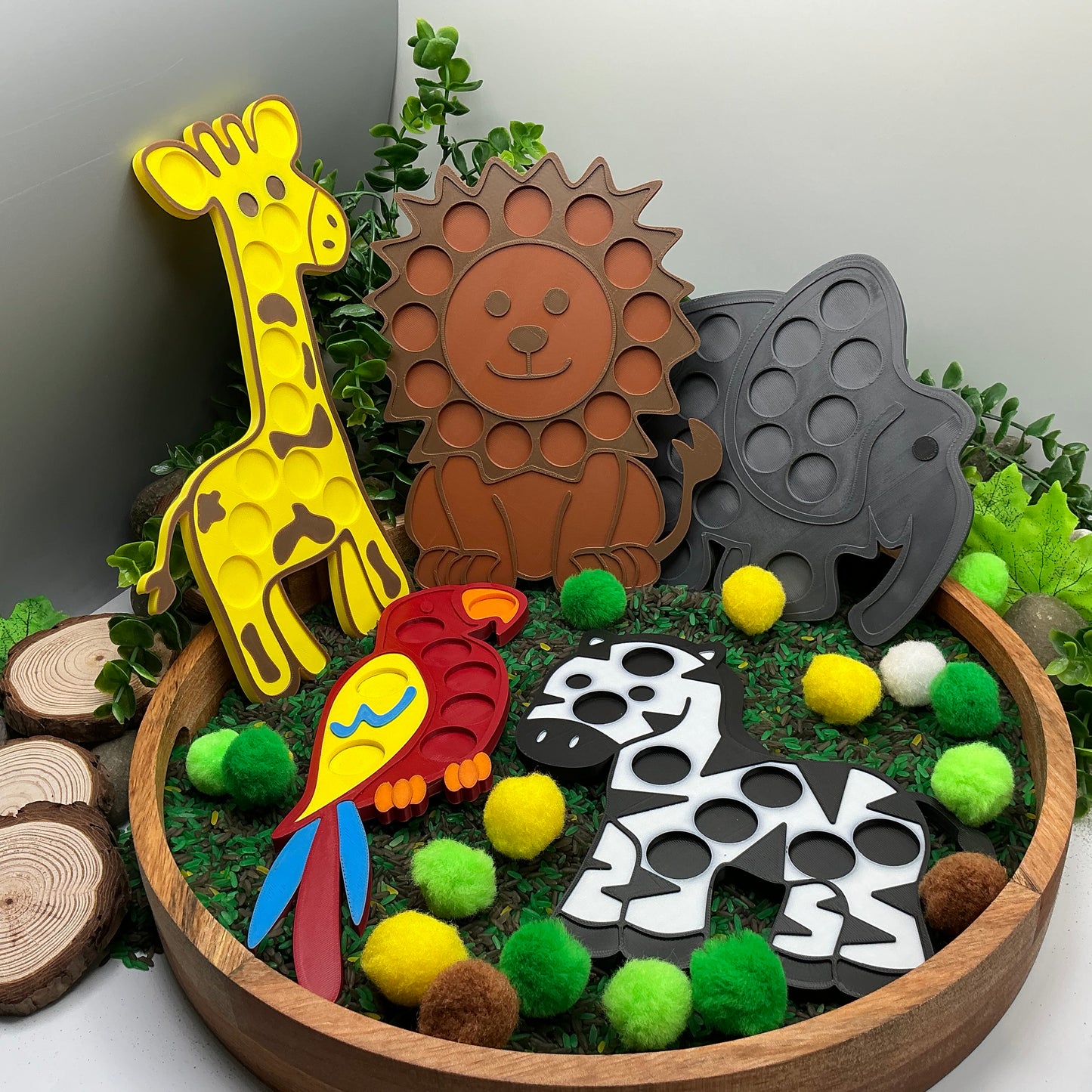 3D-printed animal shape board sensory set, 5 pieces - parrot, zebra, elephant, lion and giraffe for pom-pom play - view 21 of 21