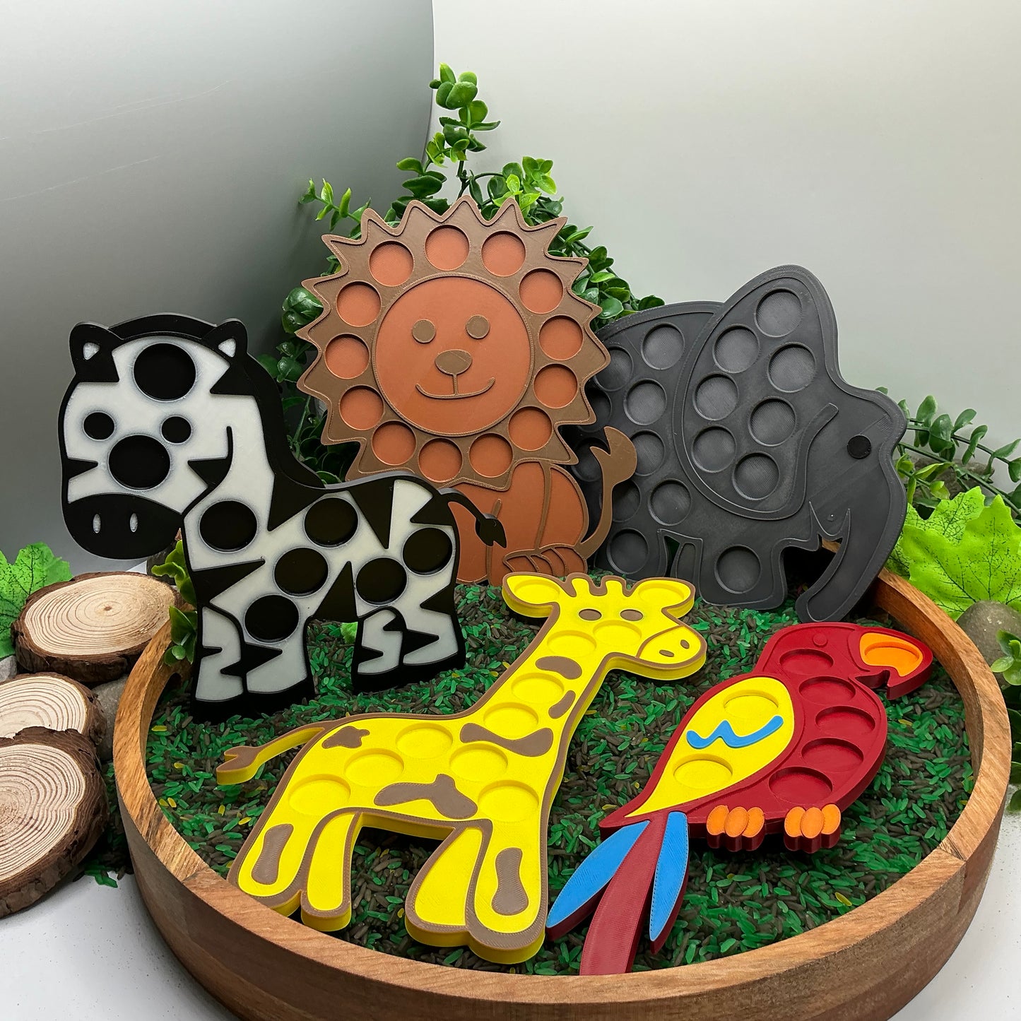 3D-printed animal shape board sensory set, 5 pieces - parrot, zebra, elephant, lion and giraffe for pom-pom play - view 1 of 21