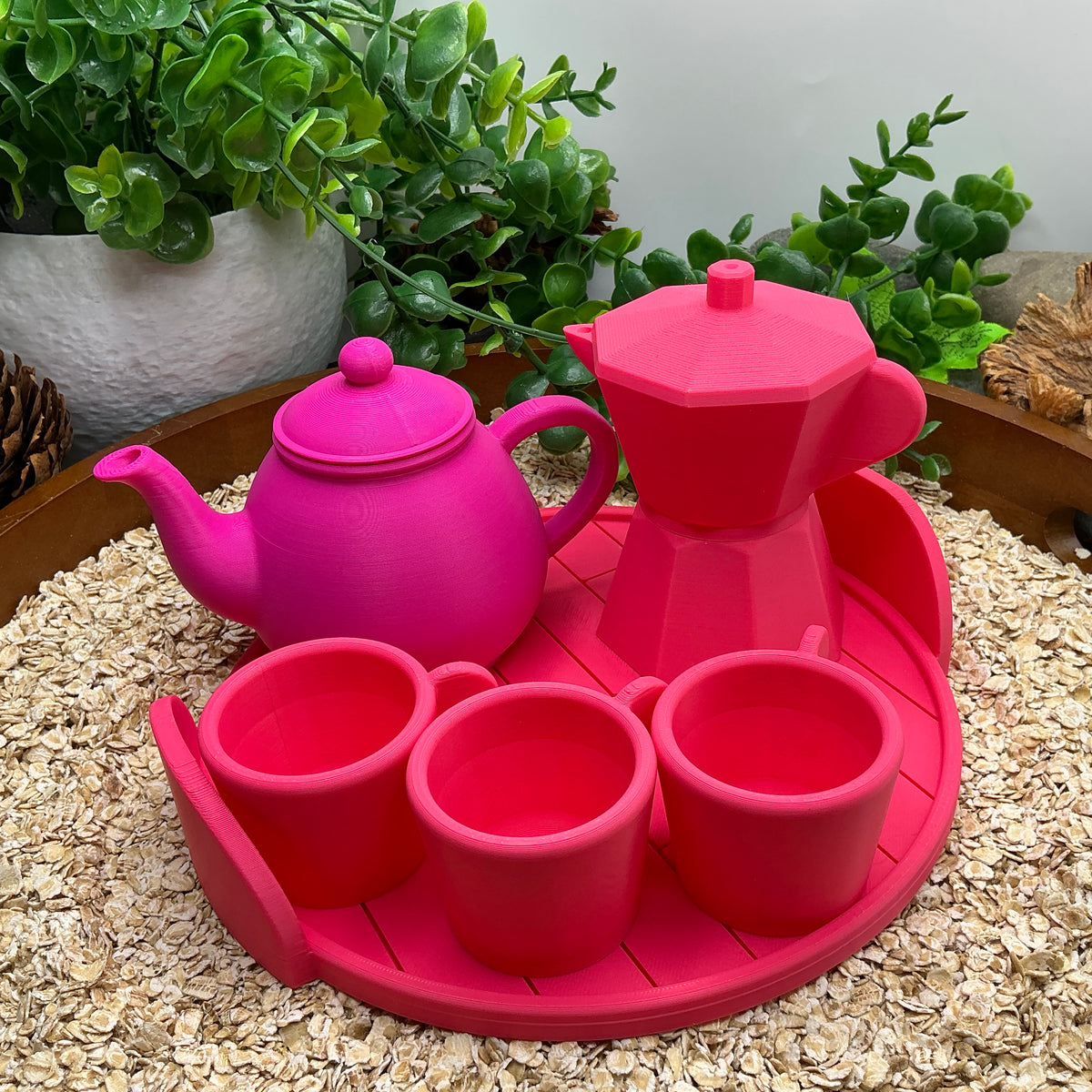 Tea & Coffee Maker Set 6 Piece Set - 3D Printed Teapot , Coffee Pot , Cups & Tray Kitchen Role Play Toy, Eco-Friendly