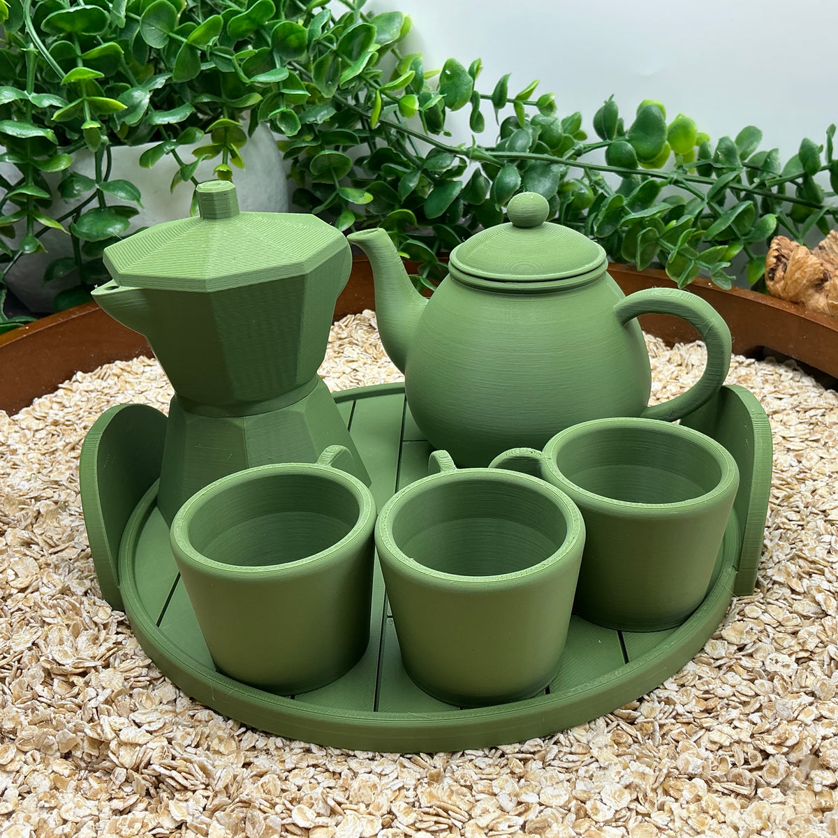Tea & Coffee Maker Set 6 Piece Set - 3D Printed Teapot , Coffee Pot , Cups & Tray Kitchen Role Play Toy, Eco-Friendly