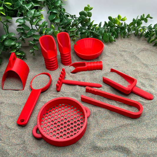 Sensory Play Tool Set - 9 Piece Set (Tweezers, Scoops, Sieve & Rake)