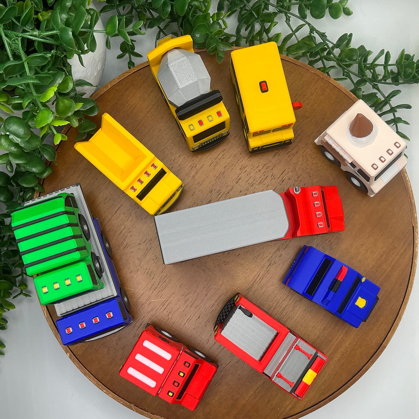 10 piece set Transportation vehicle set multi coloured 3D Printed Vehicle’s Fire Engine, School bus,Police Car