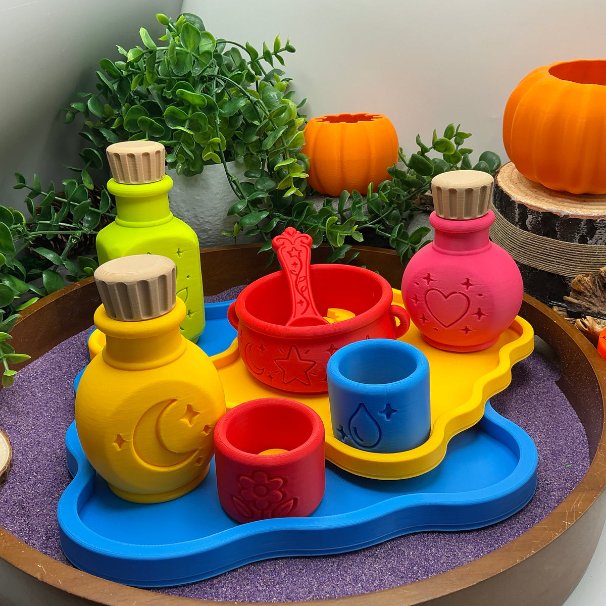 Potion Play Set - 14 Piece Sensory Play Kit with Potion Bottles, Cups, Mixing Bowl, Mini Fire Pit & Trays