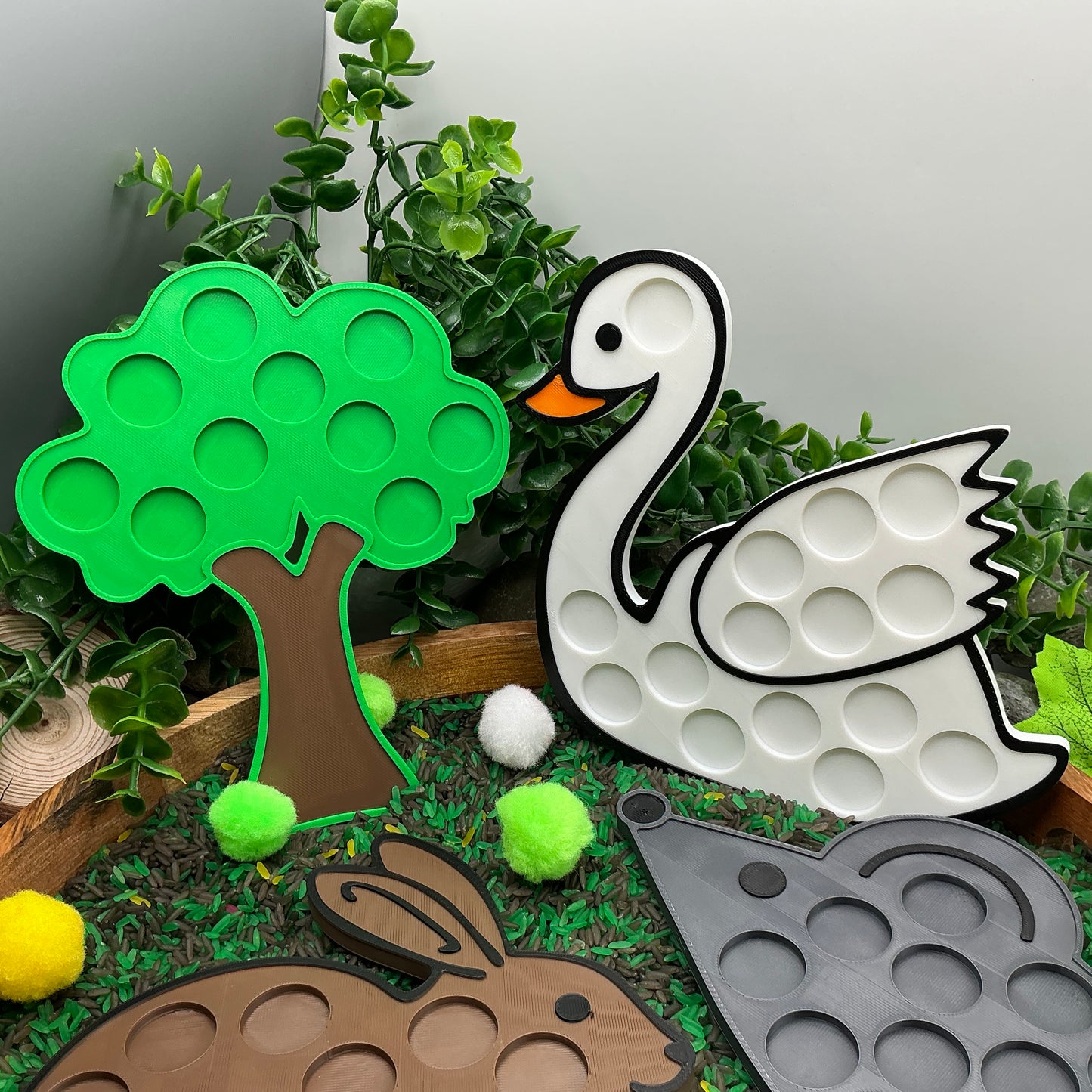 3D-printed animal shape board sensory set, 4 pieces - rabbit, mouse, swan and tree for pom-pom play - view 12 of 13