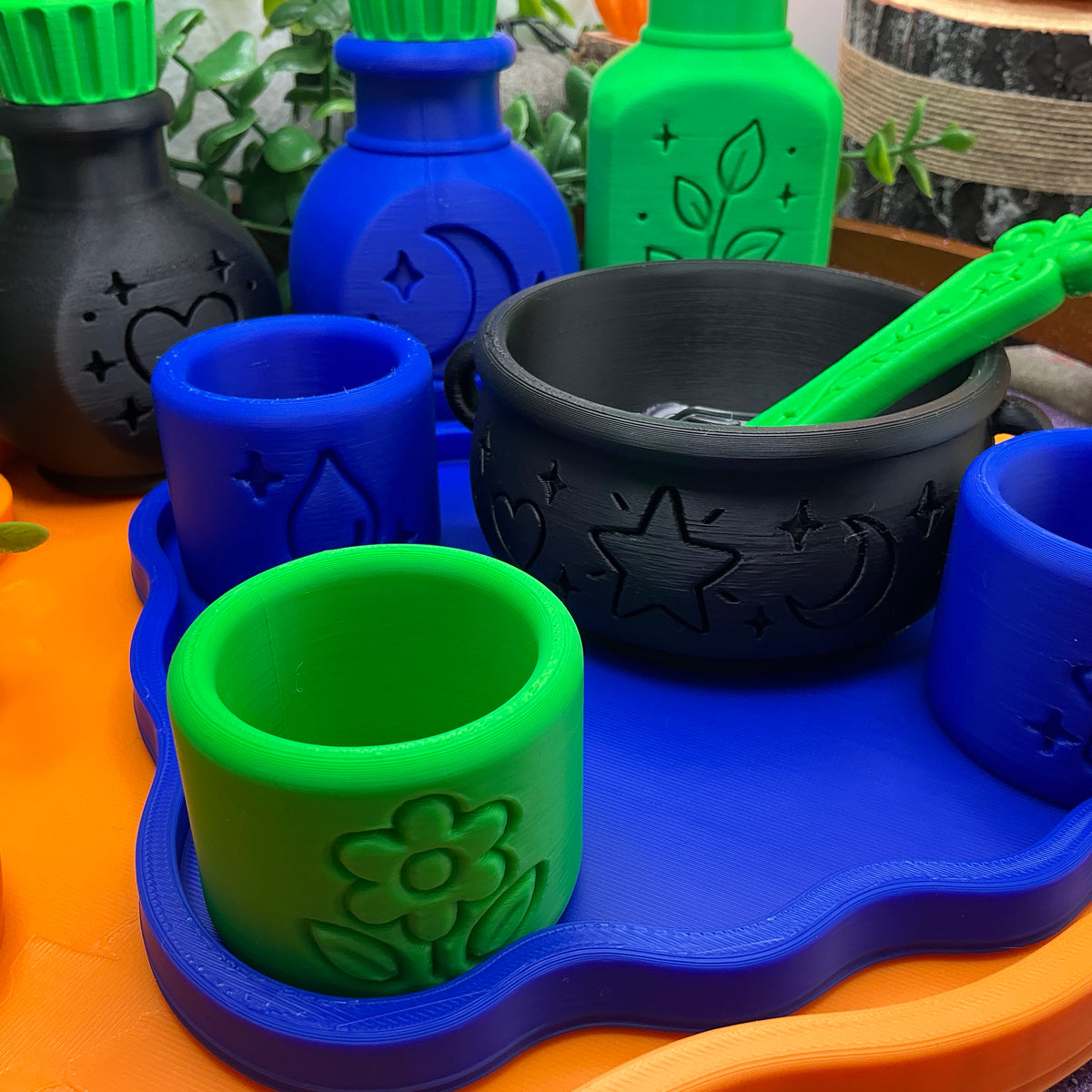 Halloween Special Potion Play Set - 14 Piece Sensory Play Kit with Potion Bottles, Cups, Mixing Bowl, Mini Fire Pit & Trays