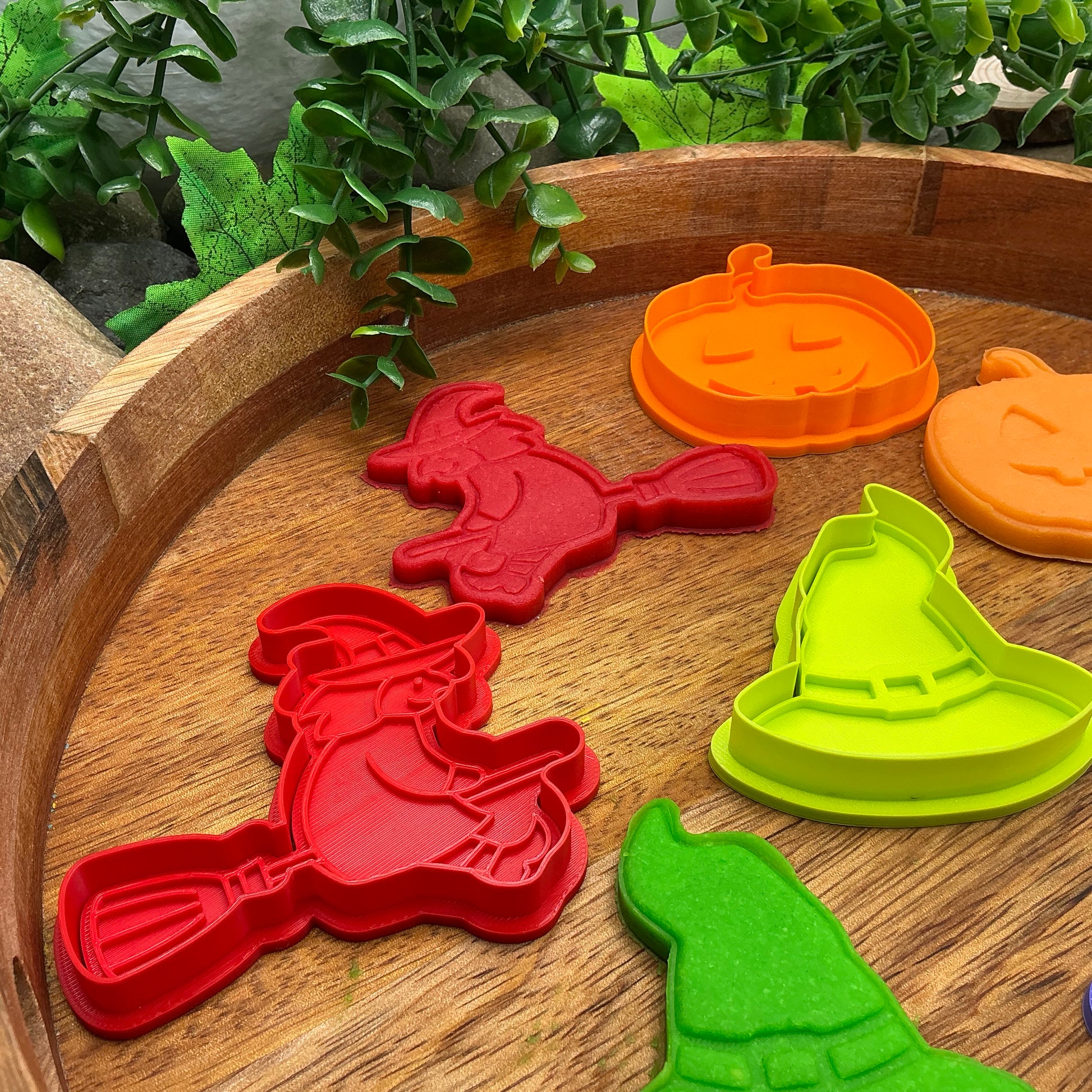 3D-printed witch Halloween play dough cookie cutter set - 4 piece (witch on broom, cauldron, hat and pumpkin) colour set A - view 12 of 13