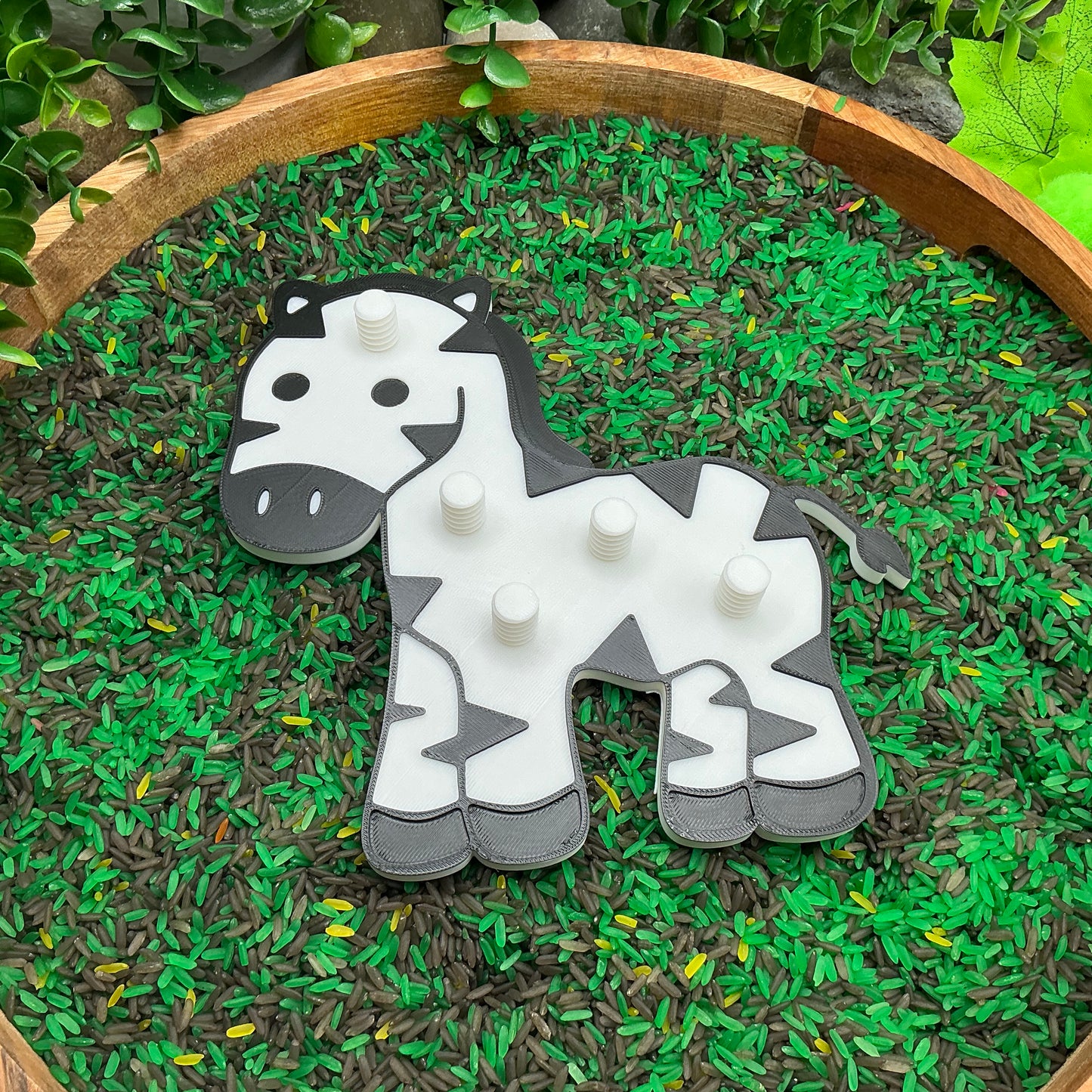 3D-printed zebra thread peg board sensory toy with screw-on nuts - fine motor and pre-writing skill builder - view 5 of 7
