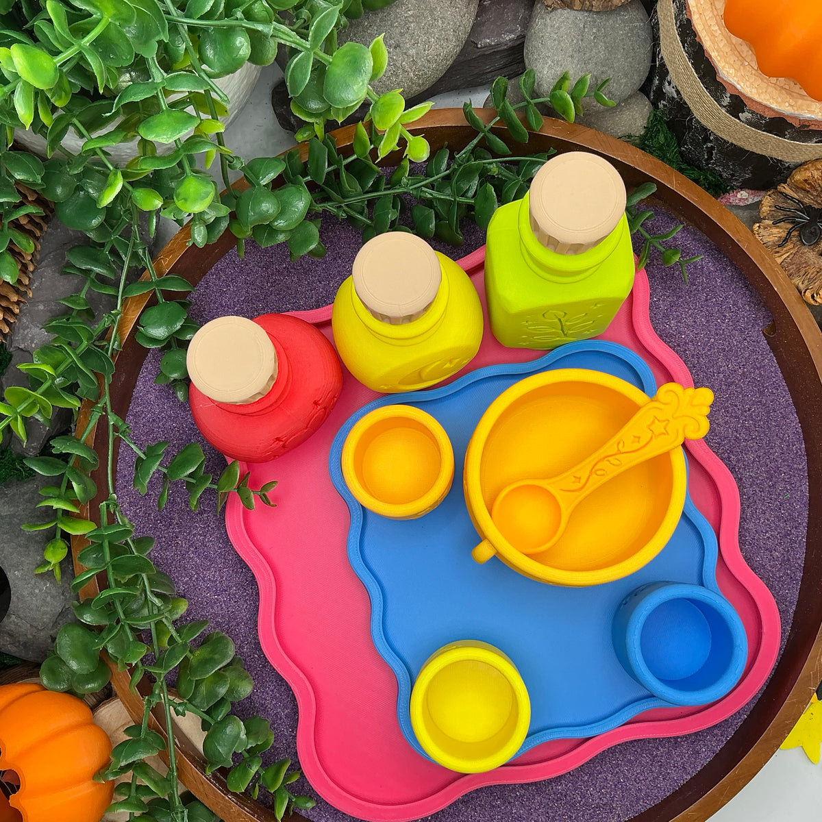 Potion Play Set - 14 Piece Sensory Play Kit with Potion Bottles, Cups, Mixing Bowl, Mini Fire Pit & Trays
