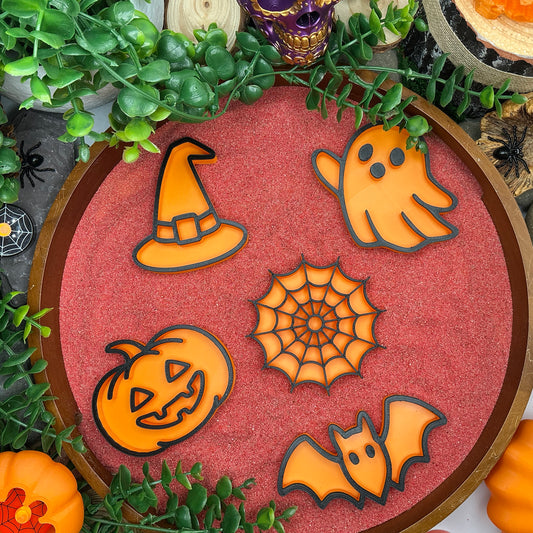 Halloween Sensory Fill shapes 5 piece set Web, Ghost, Bat, Pumpkin & Witches Hat