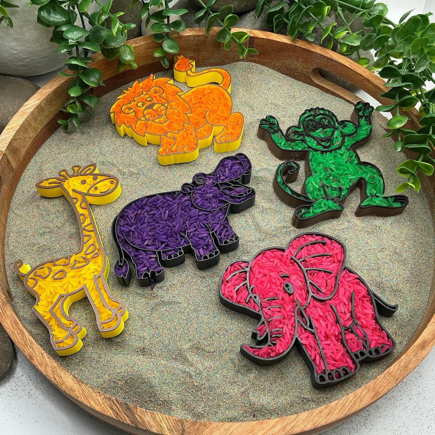 Safari animals Fill Shapes Sensory Filling Trays 5 piece set elephant hippo lion monkey and giraffe