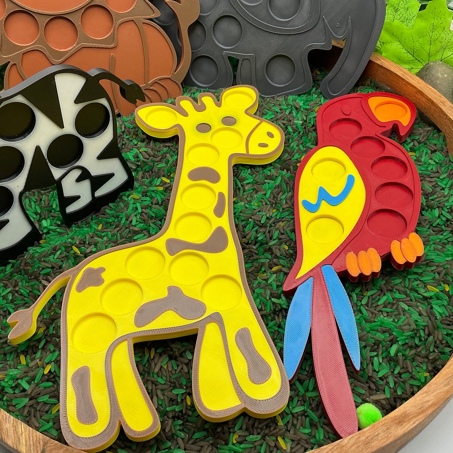 3D-printed animal shape board sensory set, 5 pieces - parrot, zebra, elephant, lion and giraffe for pom-pom play - view 3 of 21