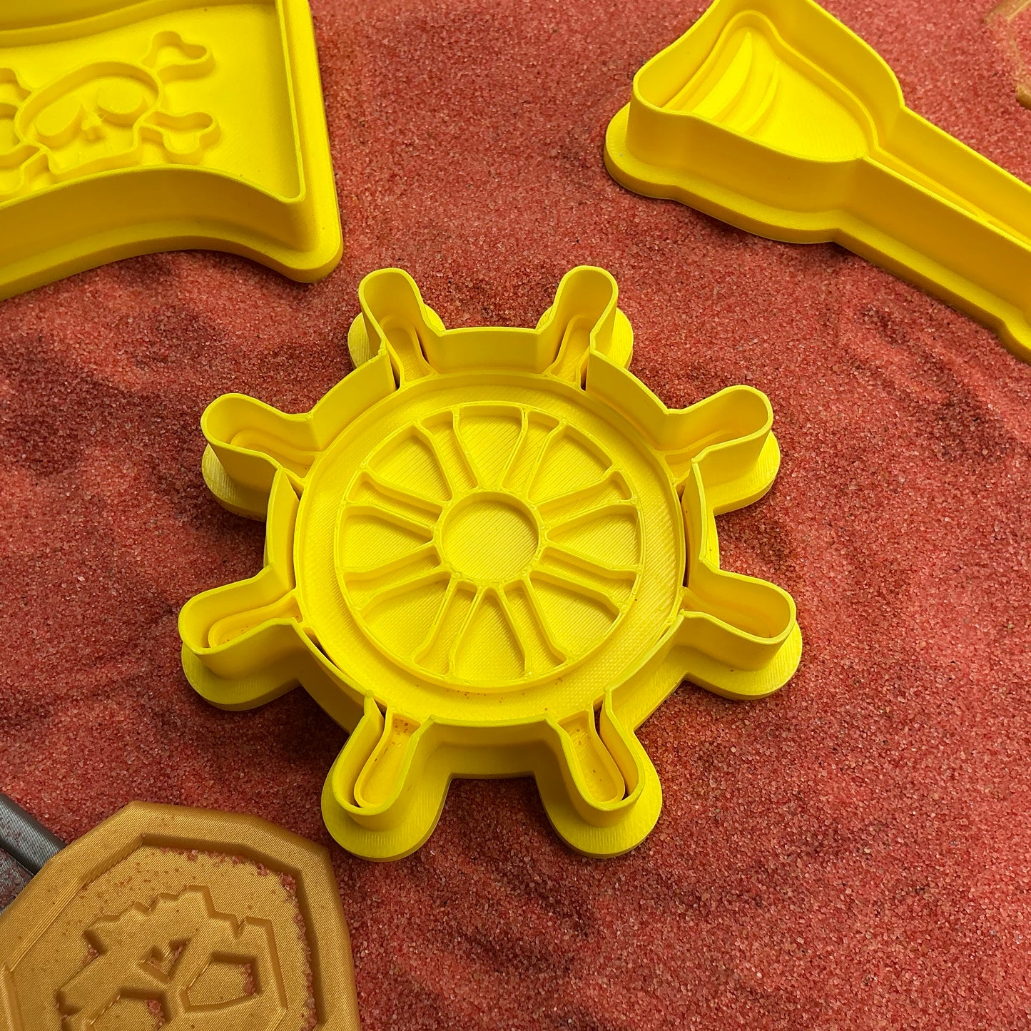 3D-printed pirate play dough cookie cutter set - 4 piece with hat, flag, wheel and spy glass in yellow red or black - view 3 of 14