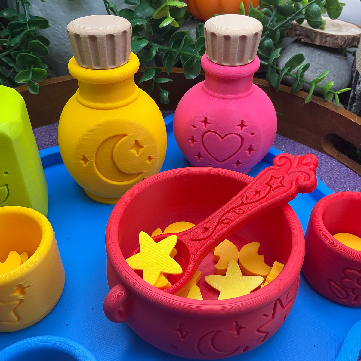 Potion Play Set - 14 Piece Sensory Play Kit with Potion Bottles, Cups, Mixing Bowl, Mini Fire Pit & Trays