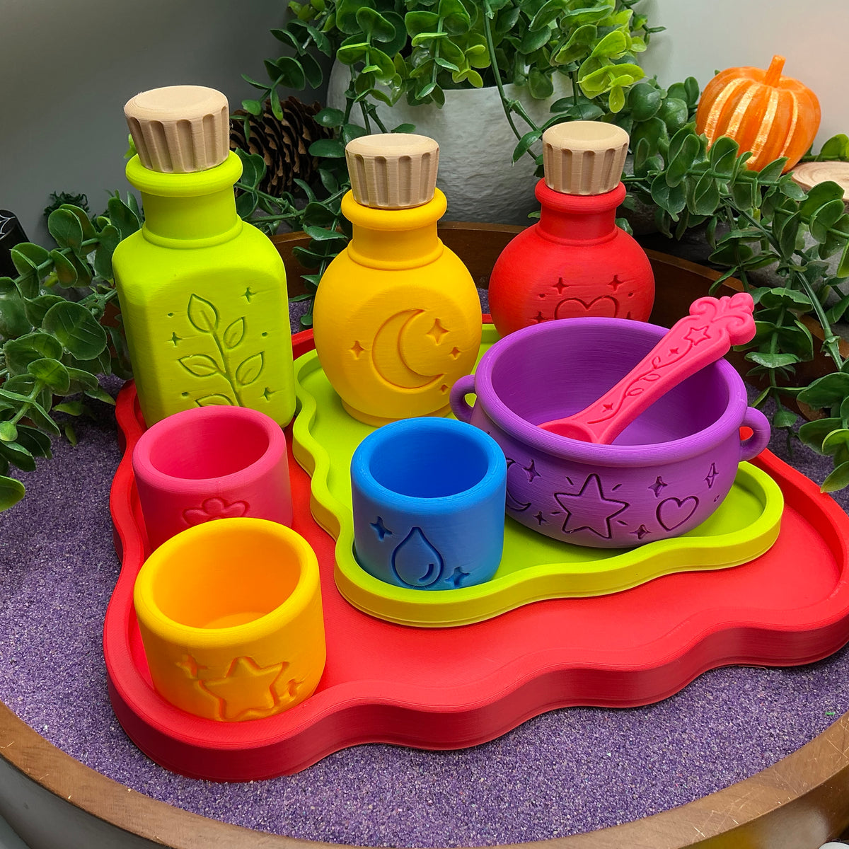 Potion Play Set - 14 Piece Sensory Play Kit with Potion Bottles, Cups, Mixing Bowl, Mini Fire Pit & Trays