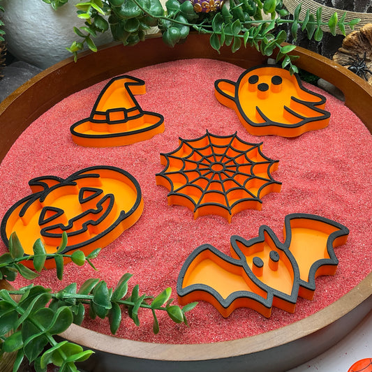 Halloween Sensory Fill shapes 5 piece set Web, Ghost, Bat, Pumpkin & Witches Hat
