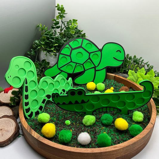 3D-printed animal shape board sensory set, 3 pieces - snake, crocodile and turtle for pom-pom play - view 1 of 13