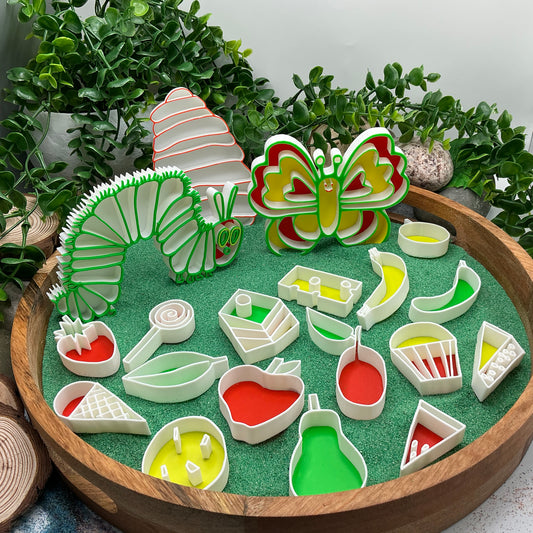 Caterpillar , Butterfly & cocoon 16 piece food set story book telling Sensory Filling Trays Set - Eco-Friendly 3D Printed 19 piece total