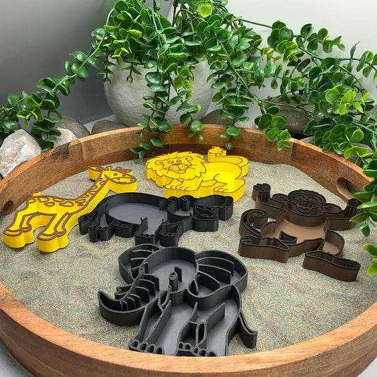 Safari animals Fill Shapes Sensory Filling Trays 5 piece set elephant hippo lion monkey and giraffe