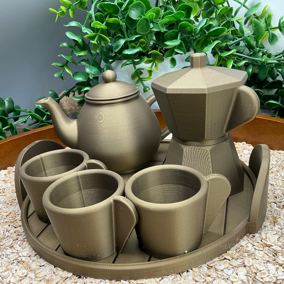 Tea & Coffee Maker Set 6 Piece Set - 3D Printed Teapot , Coffee Pot , Cups & Tray Kitchen Role Play Toy, Eco-Friendly