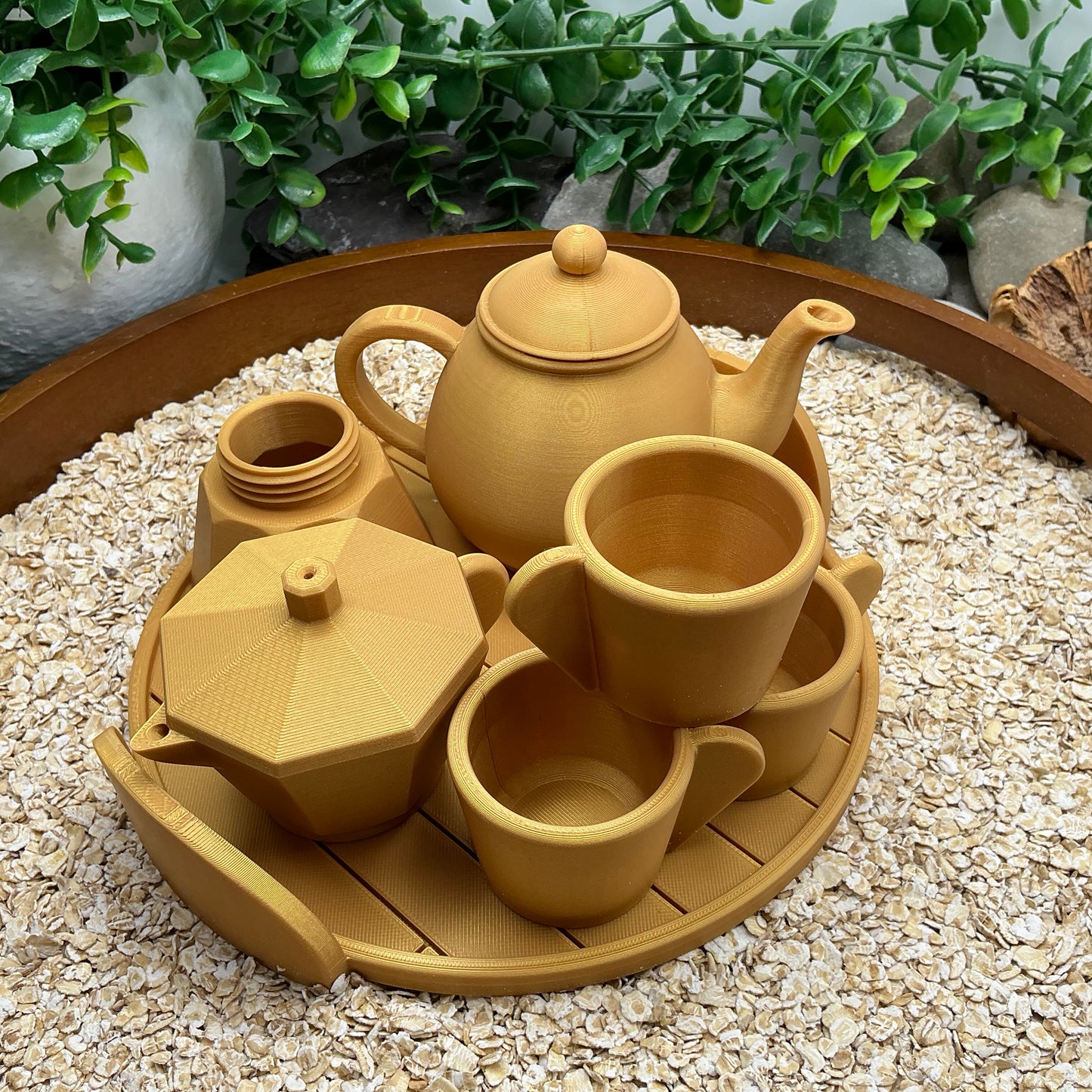 Tea & Coffee Maker Set 6 Piece Set - 3D Printed Teapot , Coffee Pot , Cups & Tray Kitchen Role Play Toy, Eco-Friendly