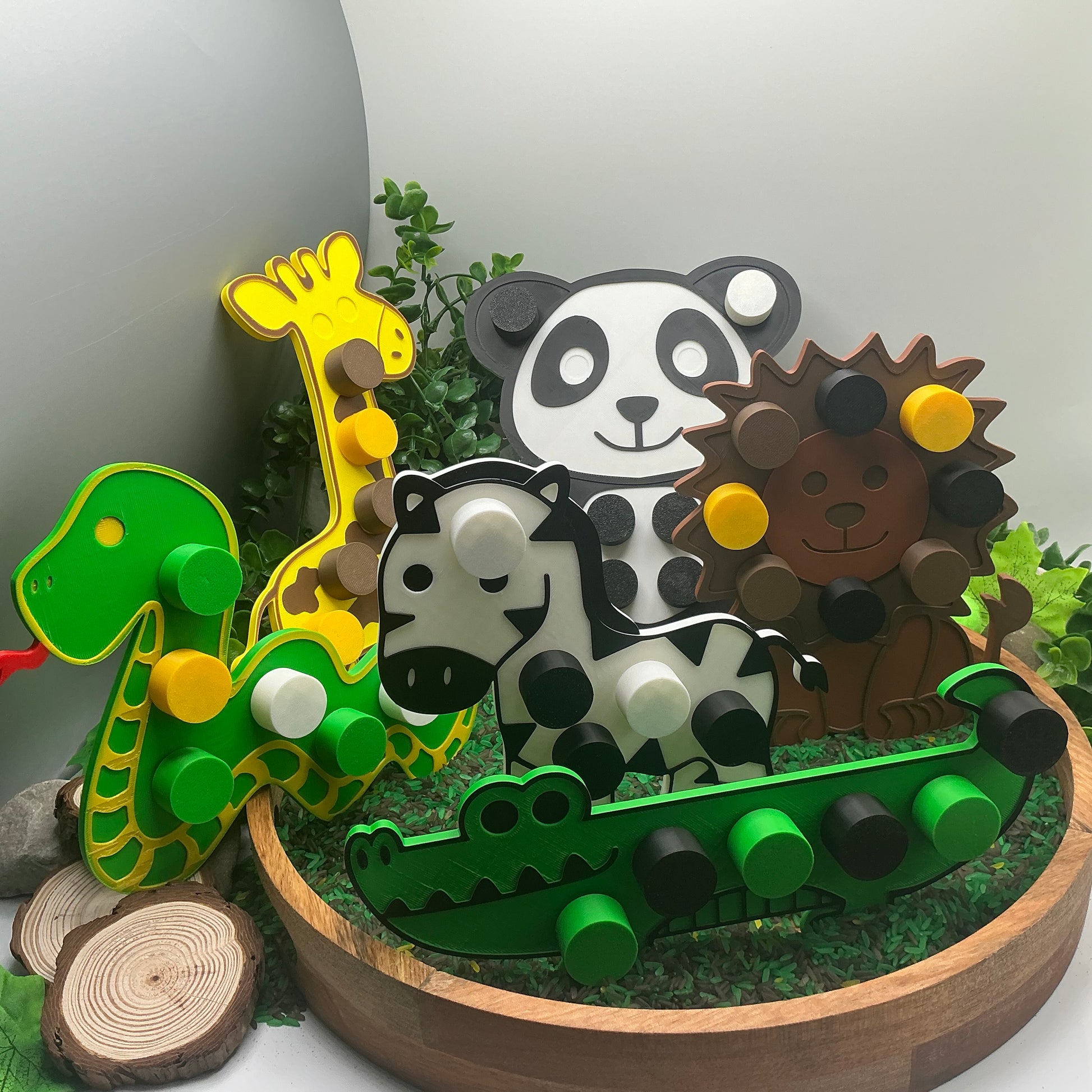 3D-printed animal thread peg board sensory set with screw-on nuts - 6 piece safari set including zebra, panda, lion, crocodile, giraffe and snake - view 2 of 25