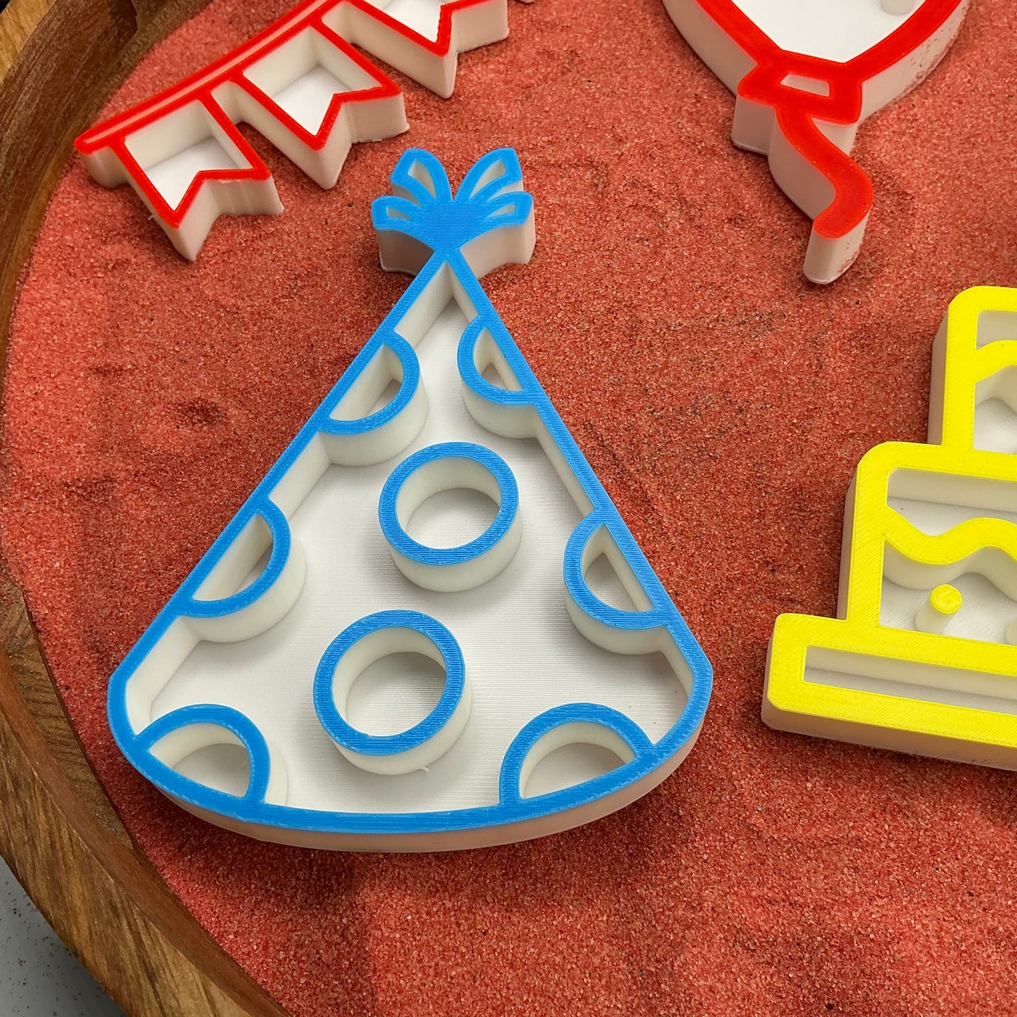 3D-printed birthday play sensory filling tray, 5-piece set with cake, balloon, banner and party hat - view 3 of 12
