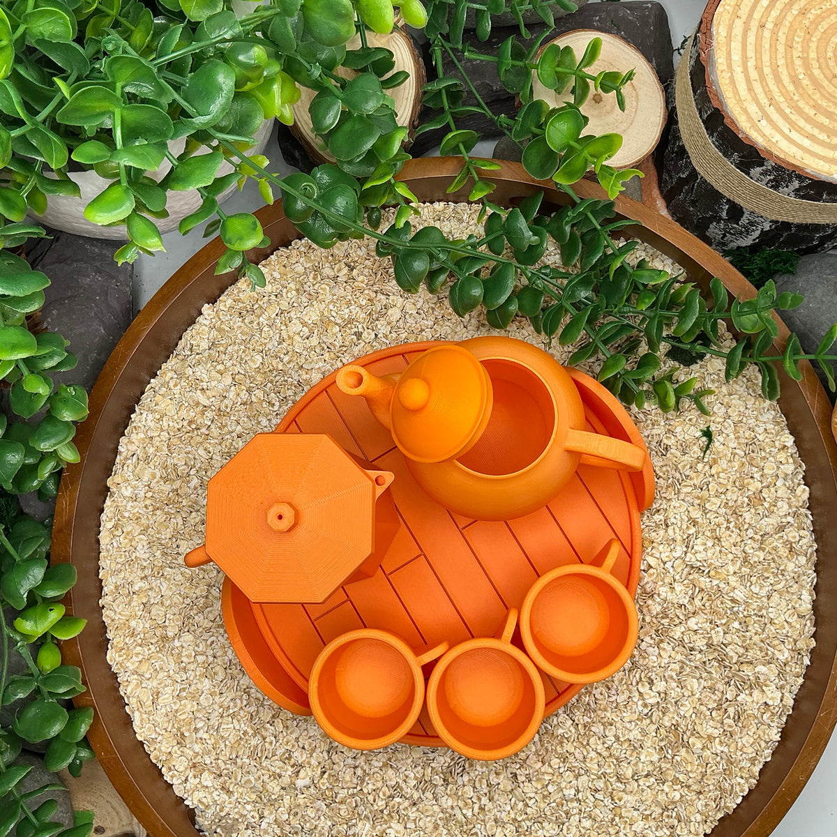 Tea & Coffee Maker Set 6 Piece Set - 3D Printed Teapot , Coffee Pot , Cups & Tray Kitchen Role Play Toy, Eco-Friendly