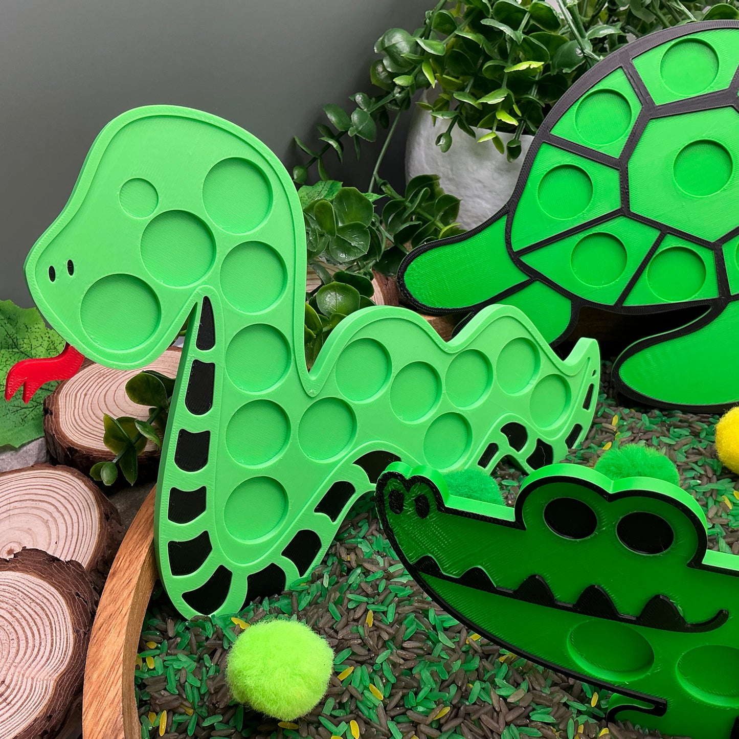 3D-printed animal shape board sensory set, 3 pieces - snake, crocodile and turtle for pom-pom play - view 3 of 13