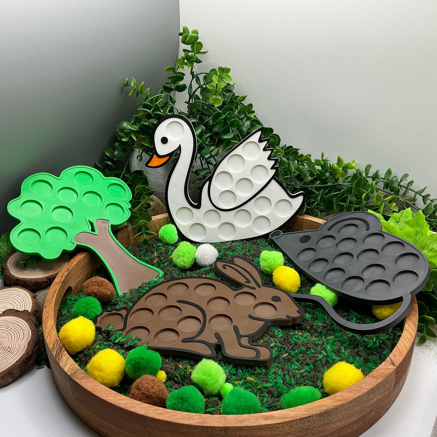 3D-printed animal shape board sensory set, 4 pieces - rabbit, mouse, swan and tree for pom-pom play - view 1 of 13