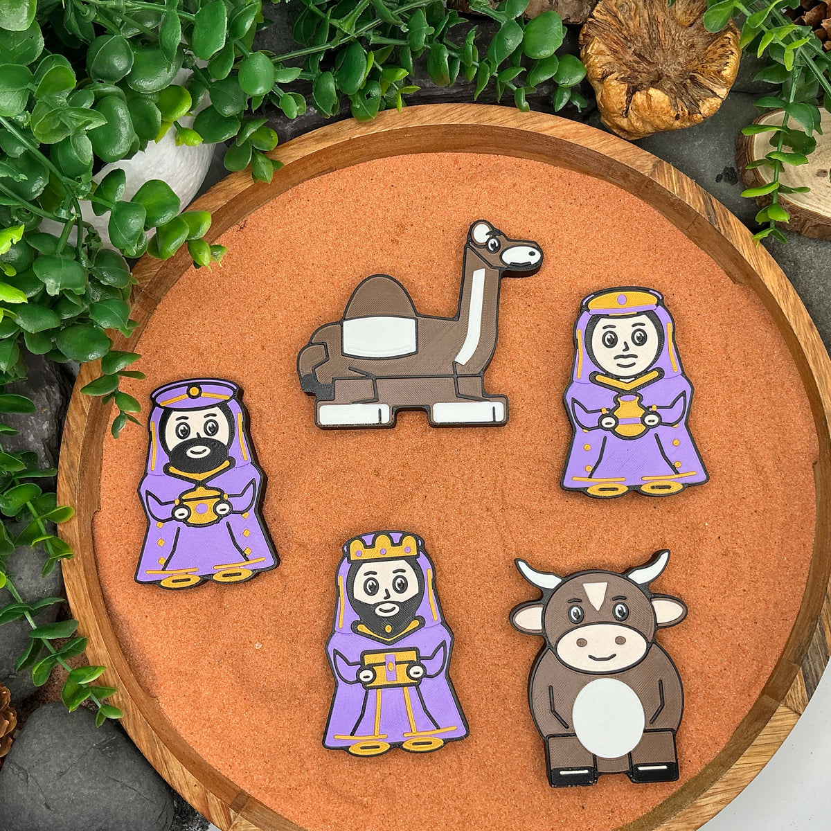 Three wise men with their gifts, a camel and an ox from the Nativity story set