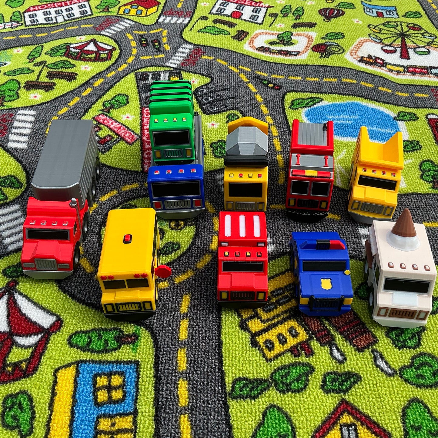 10 piece set Transportation vehicle set multi coloured 3D Printed Vehicle’s Fire Engine, School bus,Police Car