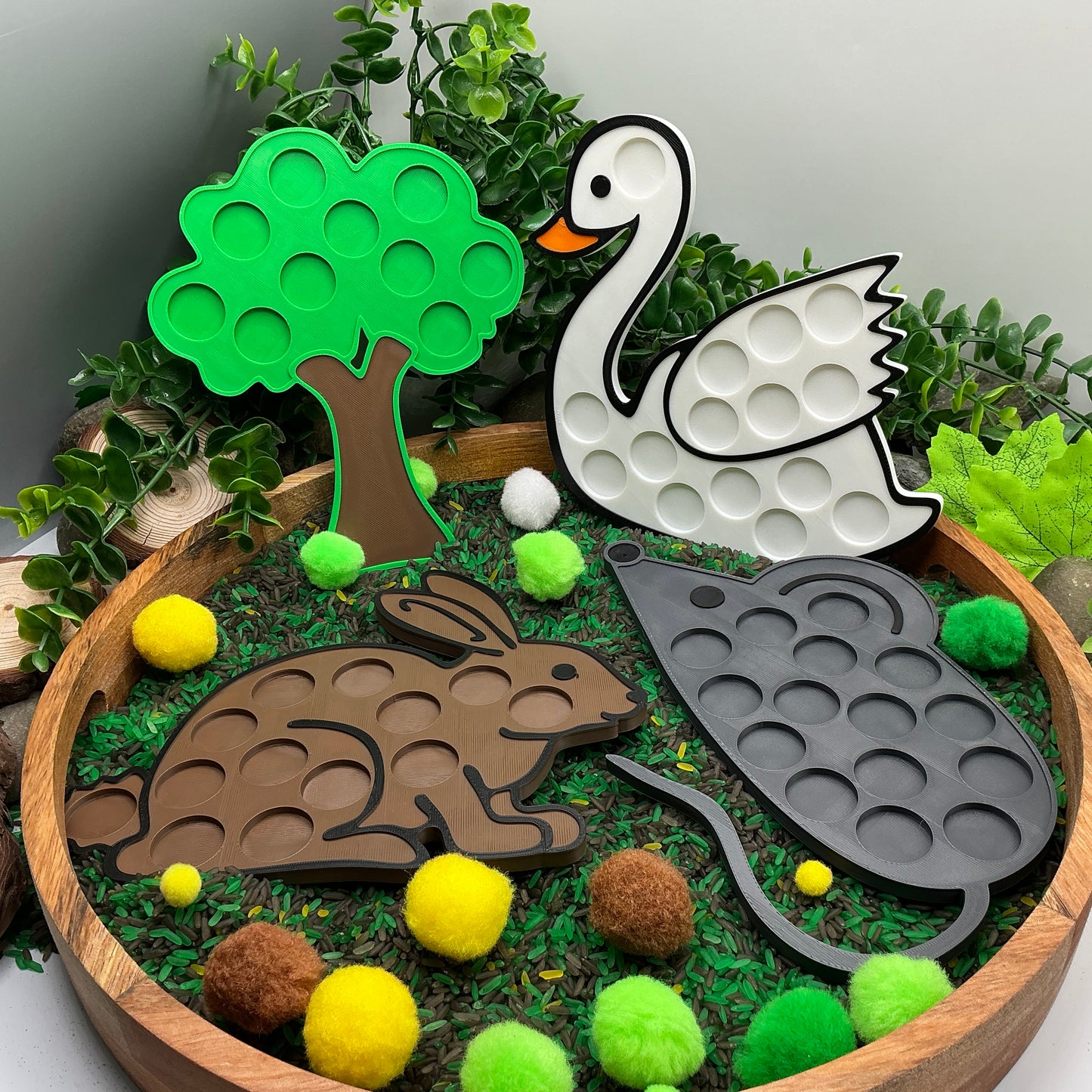 3D-printed animal shape board sensory set, 4 pieces - rabbit, mouse, swan and tree for pom-pom play - view 13 of 13