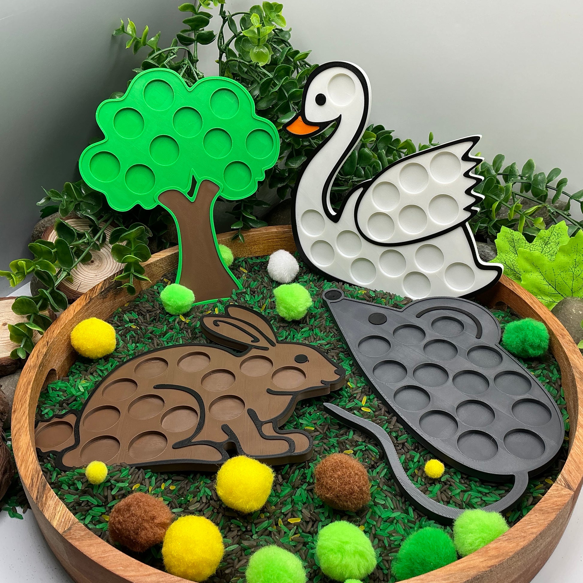 3D-printed animal shape board sensory set, 4 pieces - rabbit, mouse, swan and tree for pom-pom play - view 13 of 13