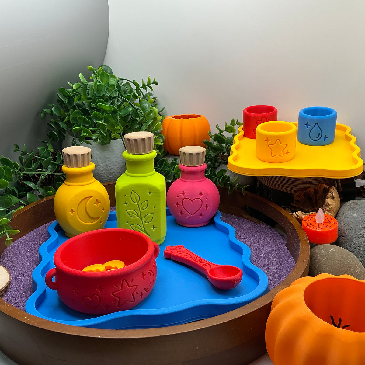 Potion Play Set - 14 Piece Sensory Play Kit with Potion Bottles, Cups, Mixing Bowl, Mini Fire Pit & Trays