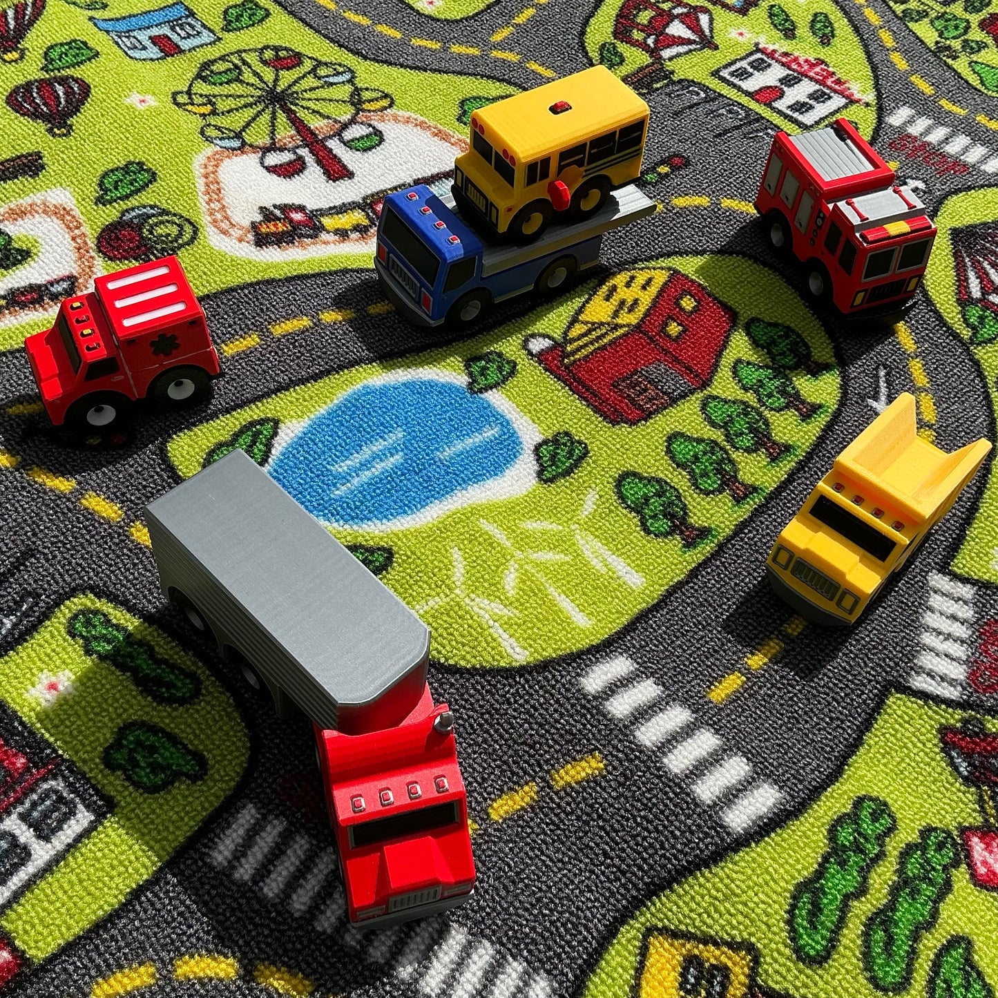 10 piece set Transportation vehicle set multi coloured 3D Printed Vehicle’s Fire Engine, School bus,Police Car