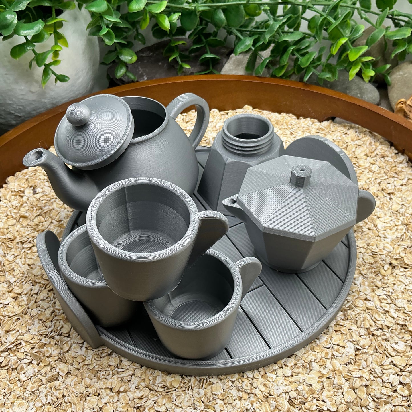 Tea & Coffee Maker Set 6 Piece Set - 3D Printed Teapot , Coffee Pot , Cups & Tray Kitchen Role Play Toy, Eco-Friendly