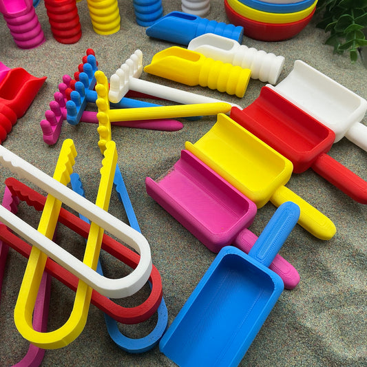 Sensory Play Tools - 9 Piece Set (Tweezers, Scoops, Sieve & Rake)