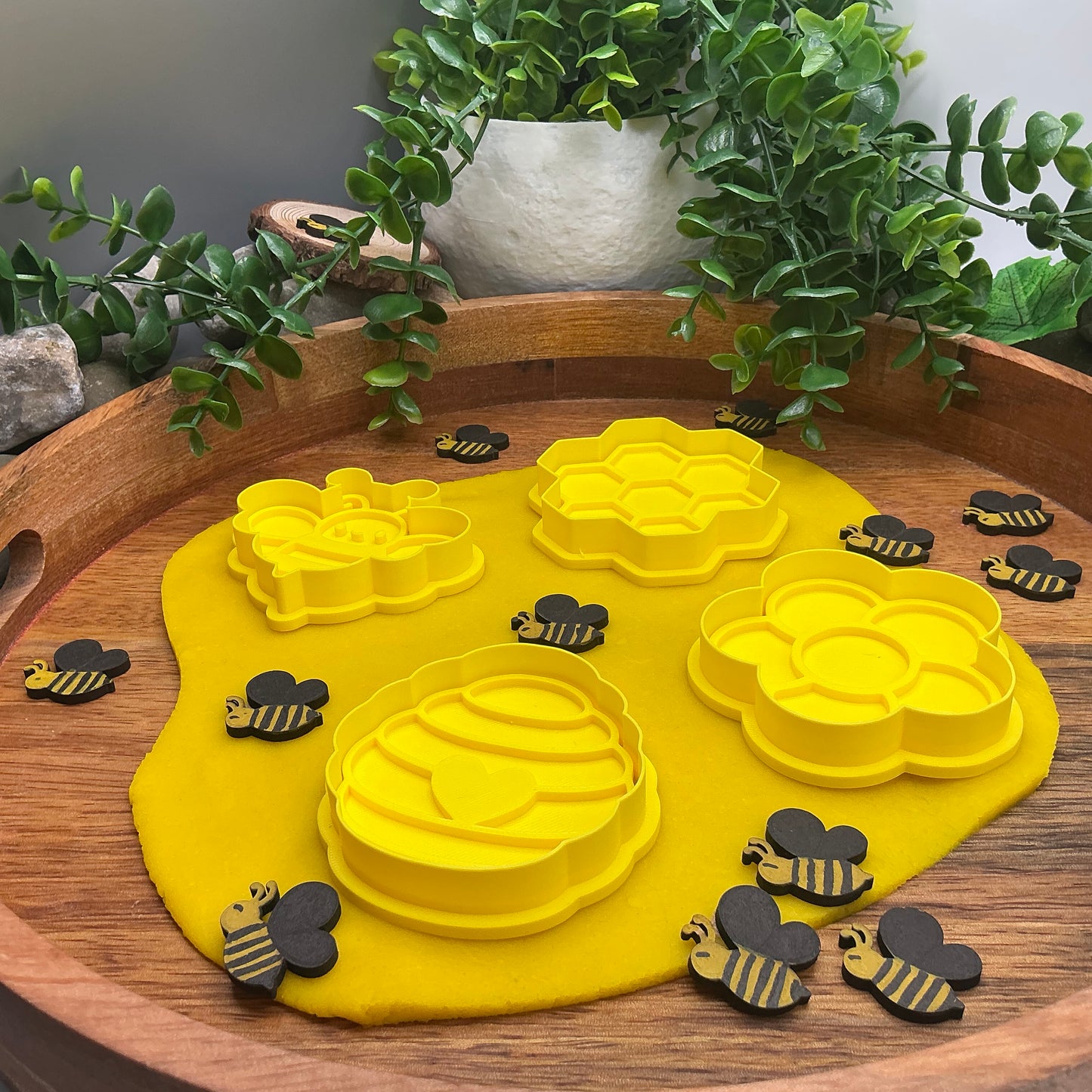 3D-printed bee theme play dough cookie cutter set - 4 piece with bee, beehive, honeycomb and flower - view 13 of 13