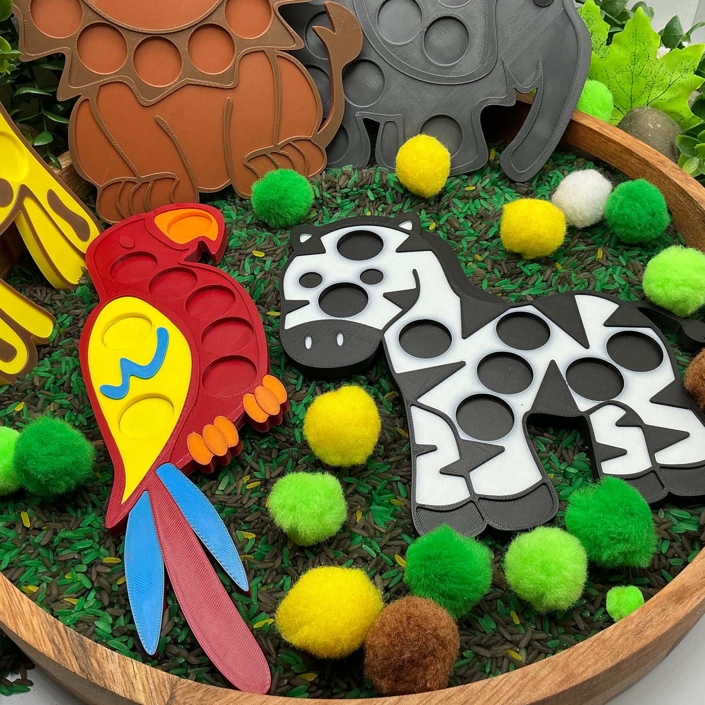 3D-printed animal shape board sensory set, 5 pieces - parrot, zebra, elephant, lion and giraffe for pom-pom play - view 20 of 21