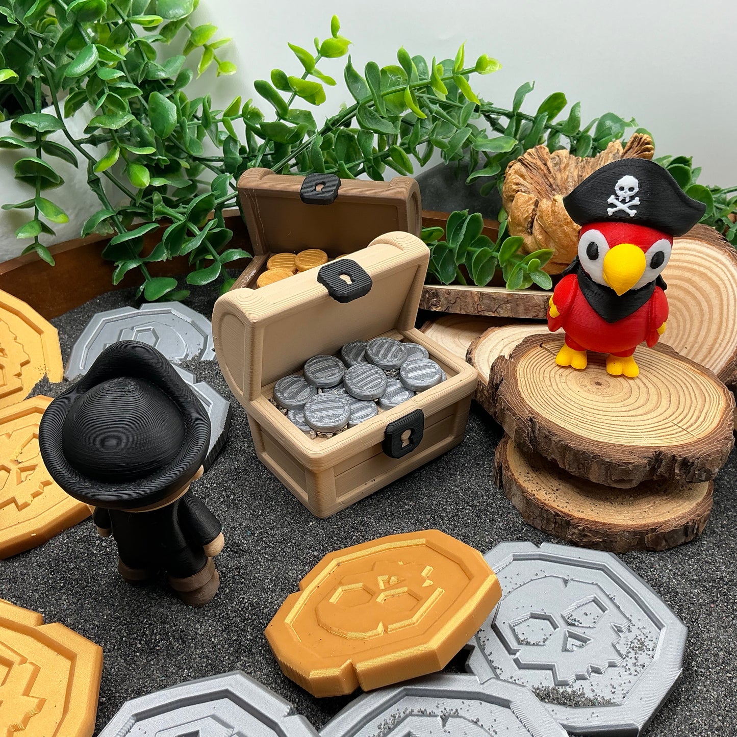 Pirate,Treasure Chest, Parrot & Treasure Coins 6 piece set