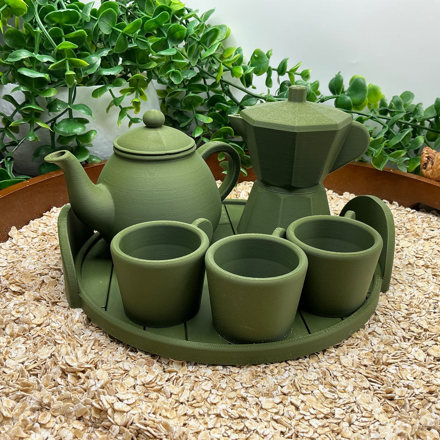 Tea & Coffee Maker Set 6 Piece Set - 3D Printed Teapot , Coffee Pot , Cups & Tray Kitchen Role Play Toy, Eco-Friendly