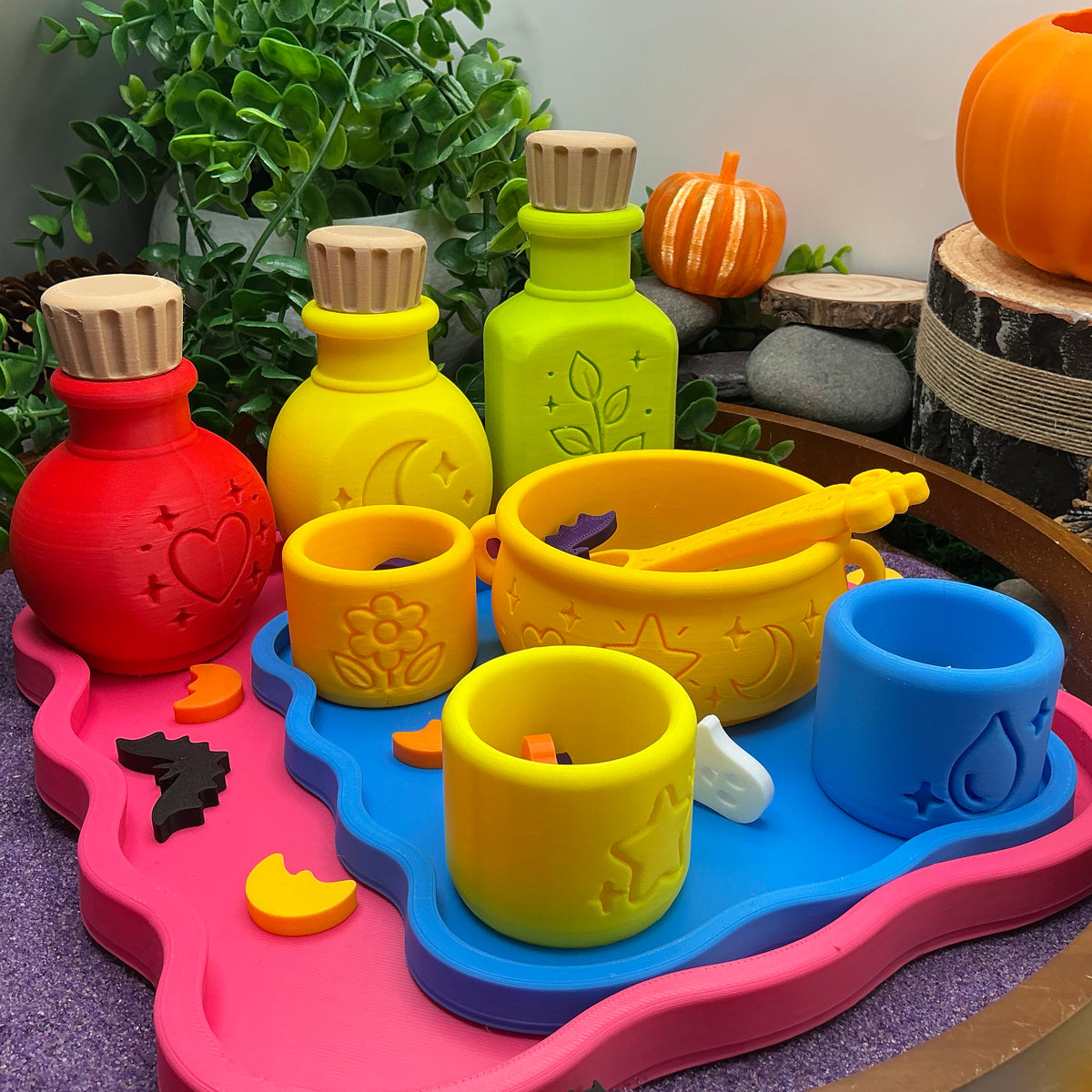 Potion Play Set - 14 Piece Sensory Play Kit with Potion Bottles, Cups, Mixing Bowl, Mini Fire Pit & Trays