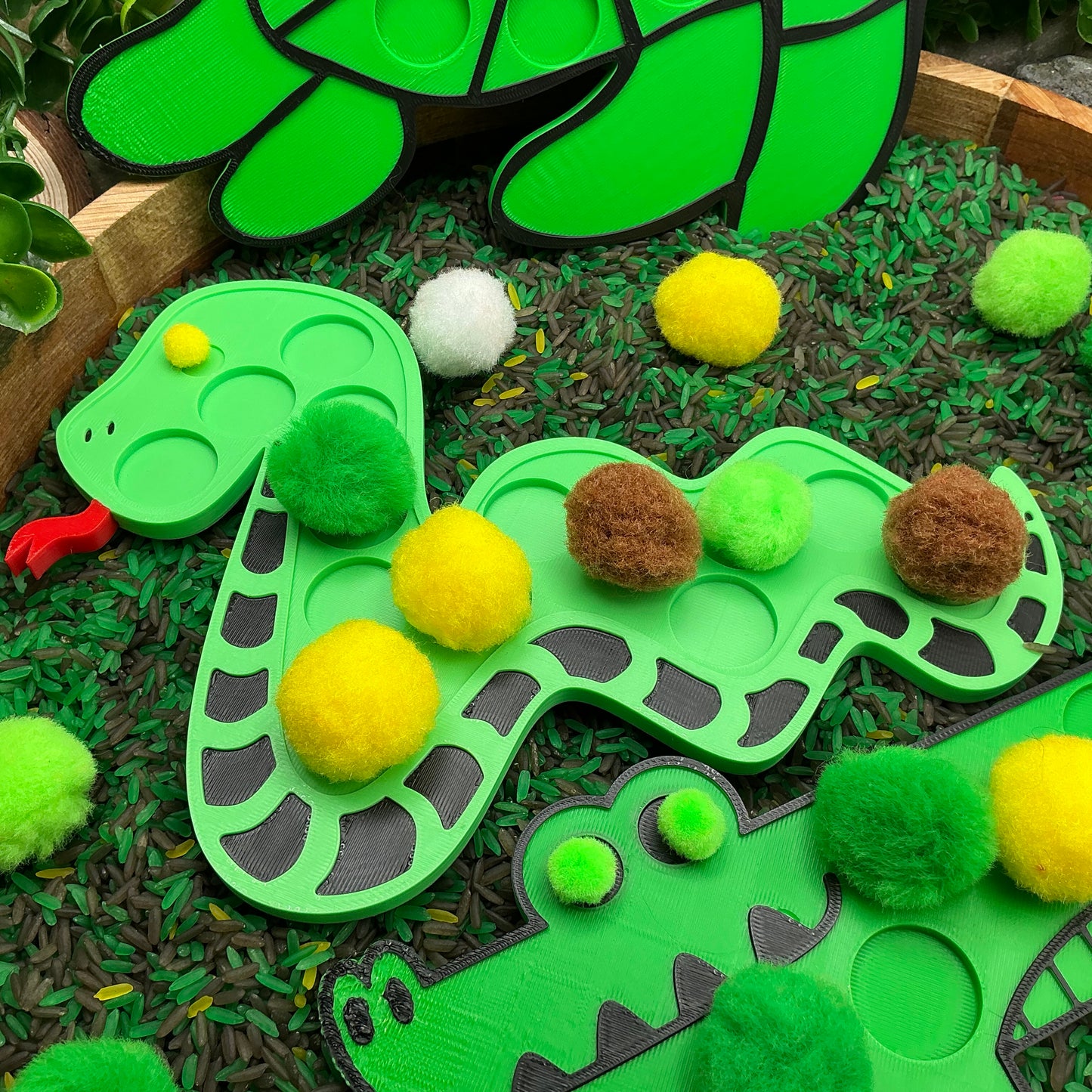 3D-printed animal shape board sensory set, 3 pieces - snake, crocodile and turtle for pom-pom play - view 7 of 13