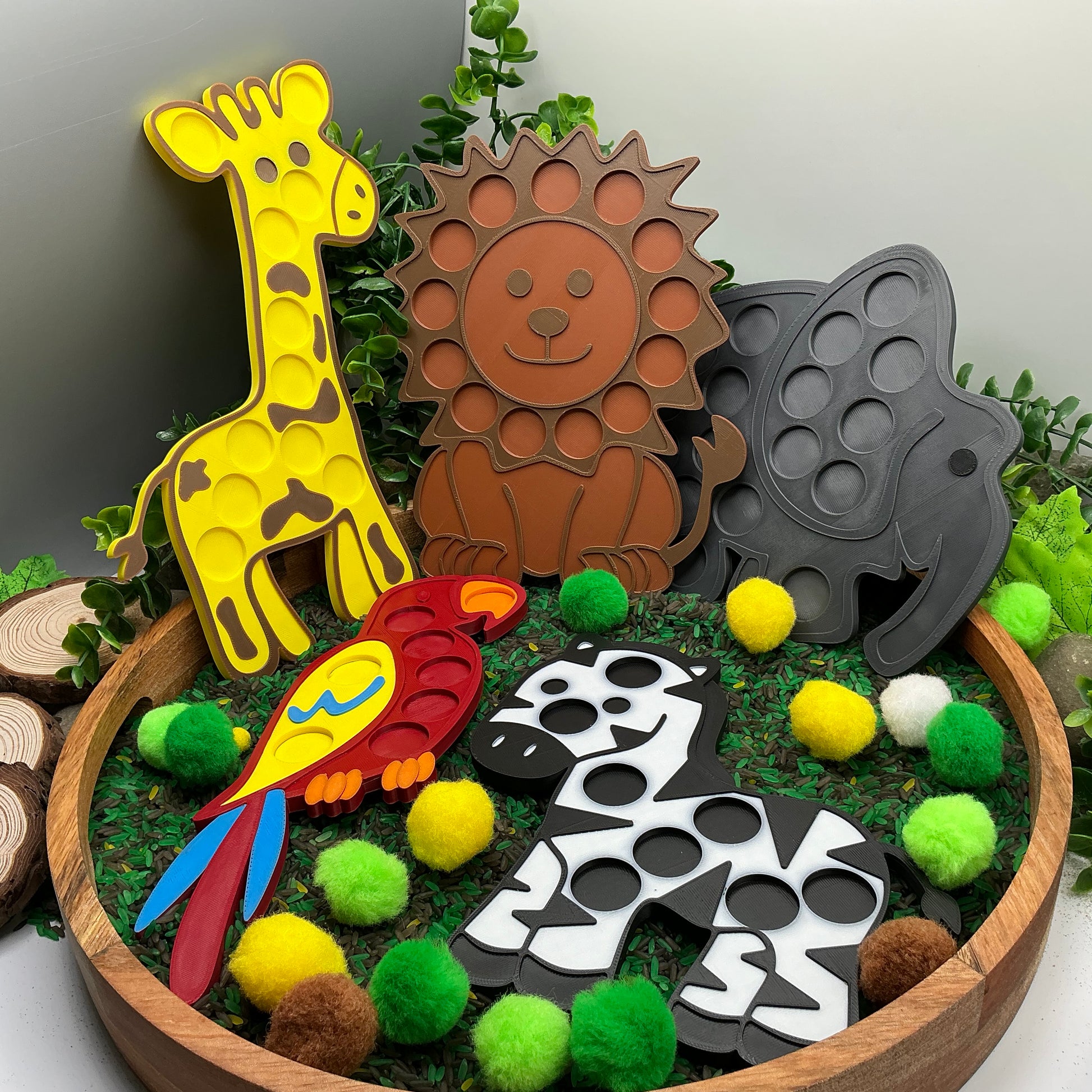 3D-printed animal shape board sensory set, 5 pieces - parrot, zebra, elephant, lion and giraffe for pom-pom play - view 17 of 21