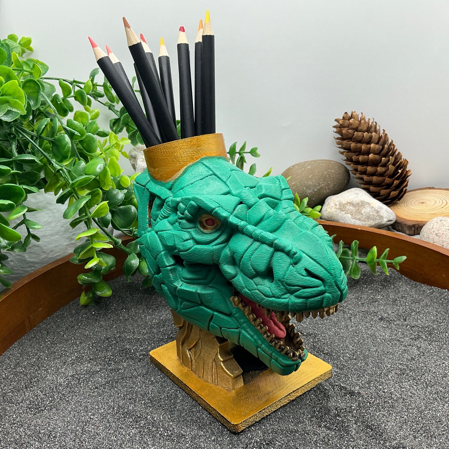Dinosaur T Rex Pencil & Paintbrushes Pot Holder Hand Painted