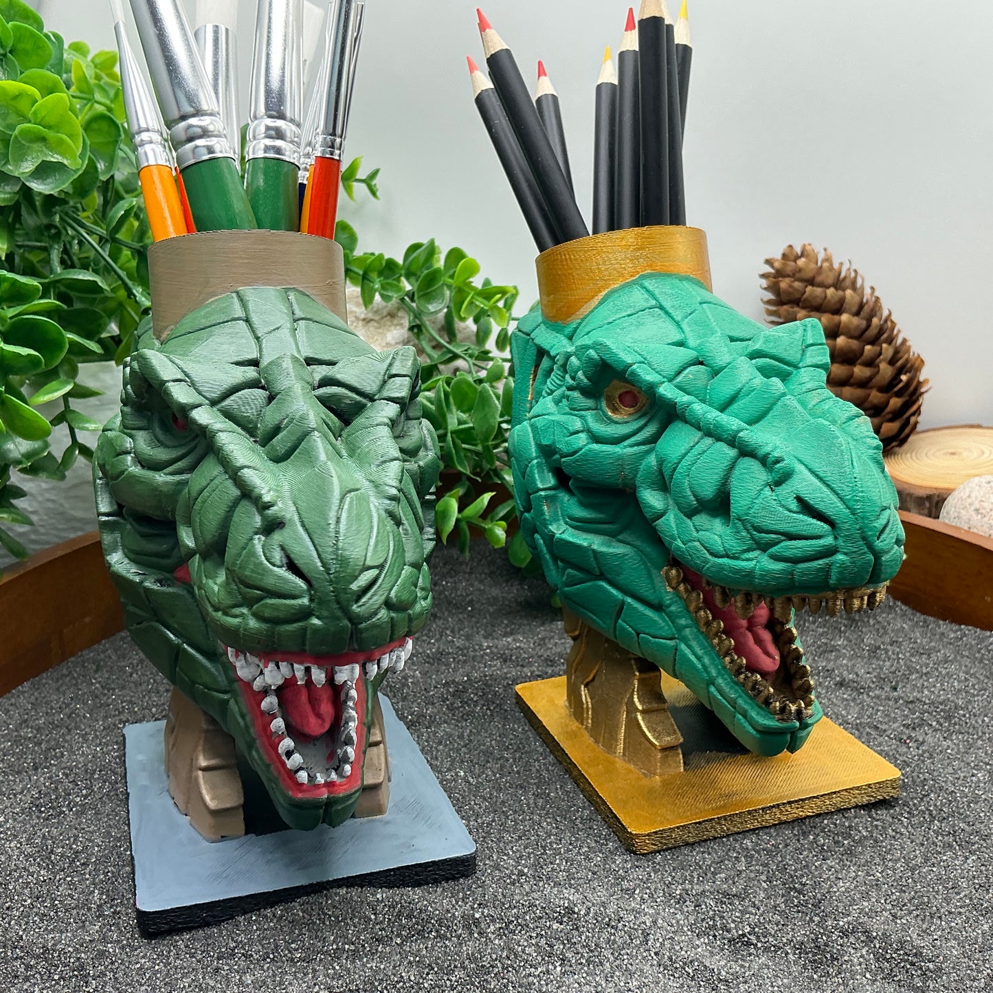 Dinosaur T Rex Pencil & Paintbrushes Pot Holder Hand Painted